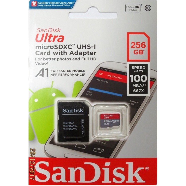 Thẻ nhớ MicroSDHC SanDisk Ultra A1 256GB Class 10 U1 100MB/s (có Adapter) - Hàng nhập khẩu