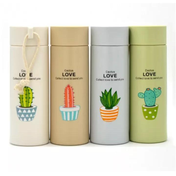 Bình Đựng Nước Thủy Tinh Xương Rồng 2 Lớp Dung Tích 450ml, Nhiều Màu Sắc