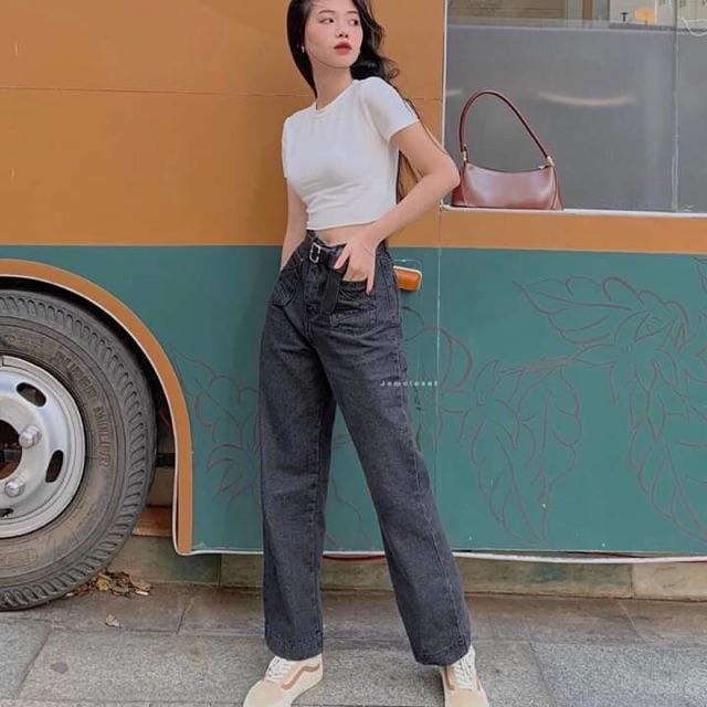 Quần jean ống rộng dáng dài hai túi trước, 269BE
