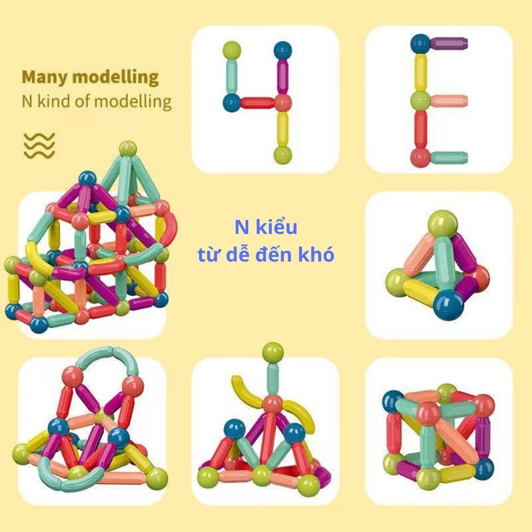 Đồ chơi que từ tính nam châm tròn 67 chi tiết EASYTOYS lắp ráp xếp hình khối xây dựng