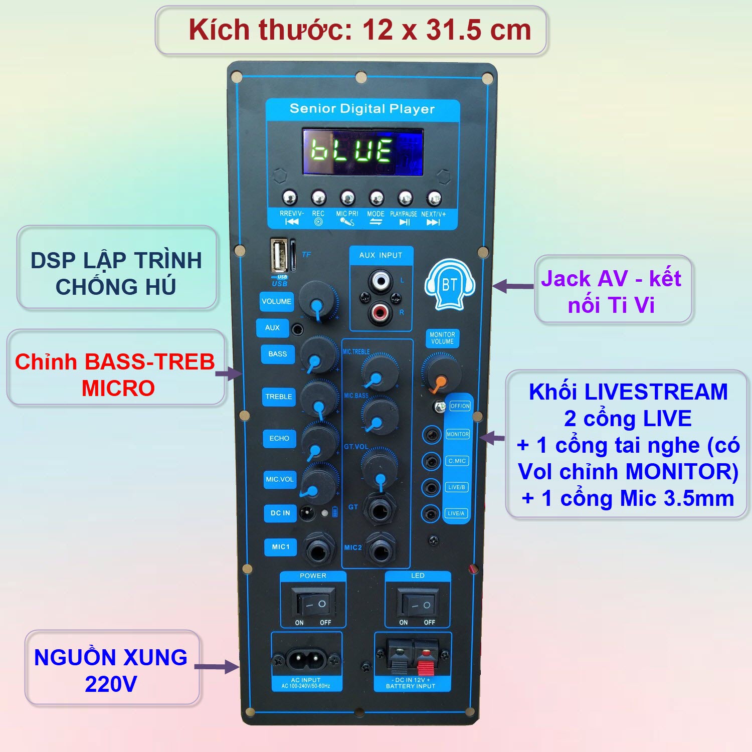 Mạch loa kéo CS8673E 130W LIVESTREAM - DSP lập trình chống hú, chỉnh Bass Treble Micro, nguồn xung 220V, loa kéo 3 tấc ĐƠN hoặc 2.5 tấc ĐÔI