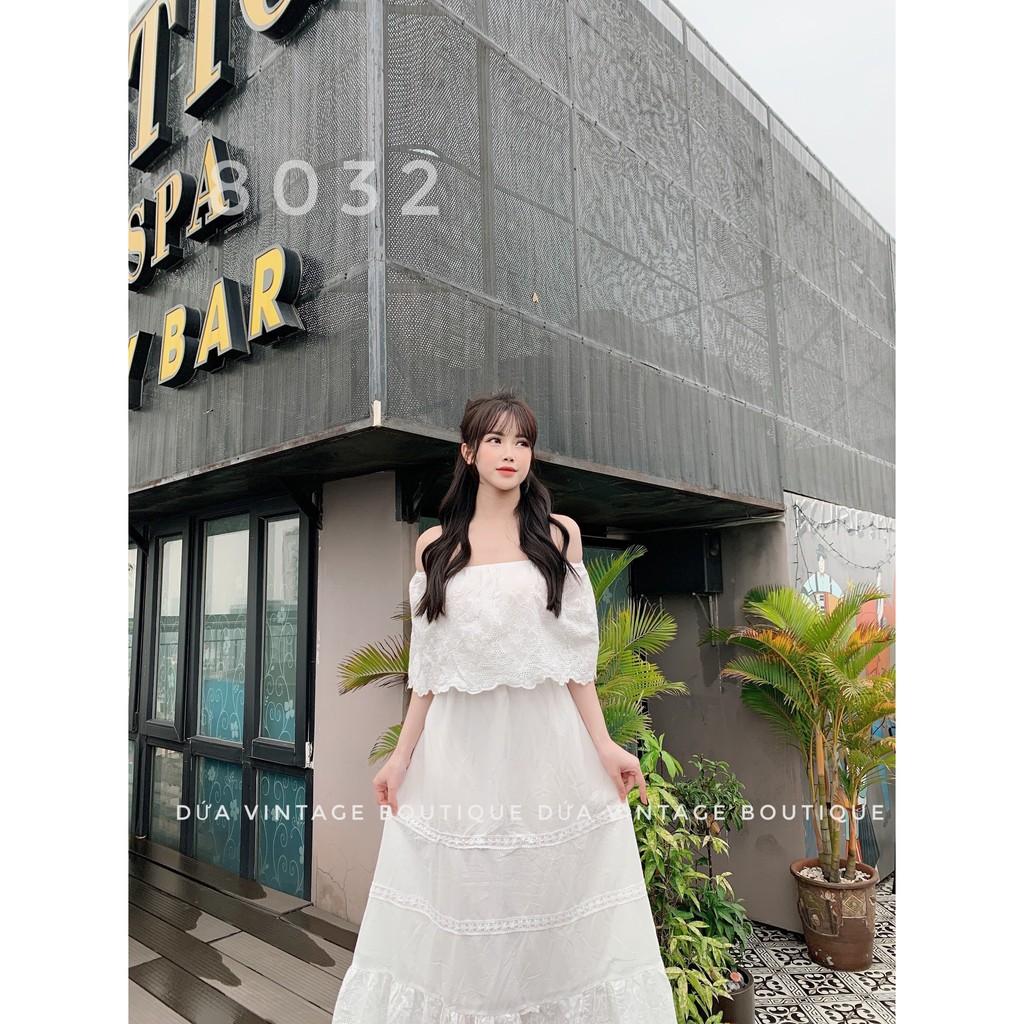 Đầm maxi trắng trễ vai hoa tròn cao cấp - 1833