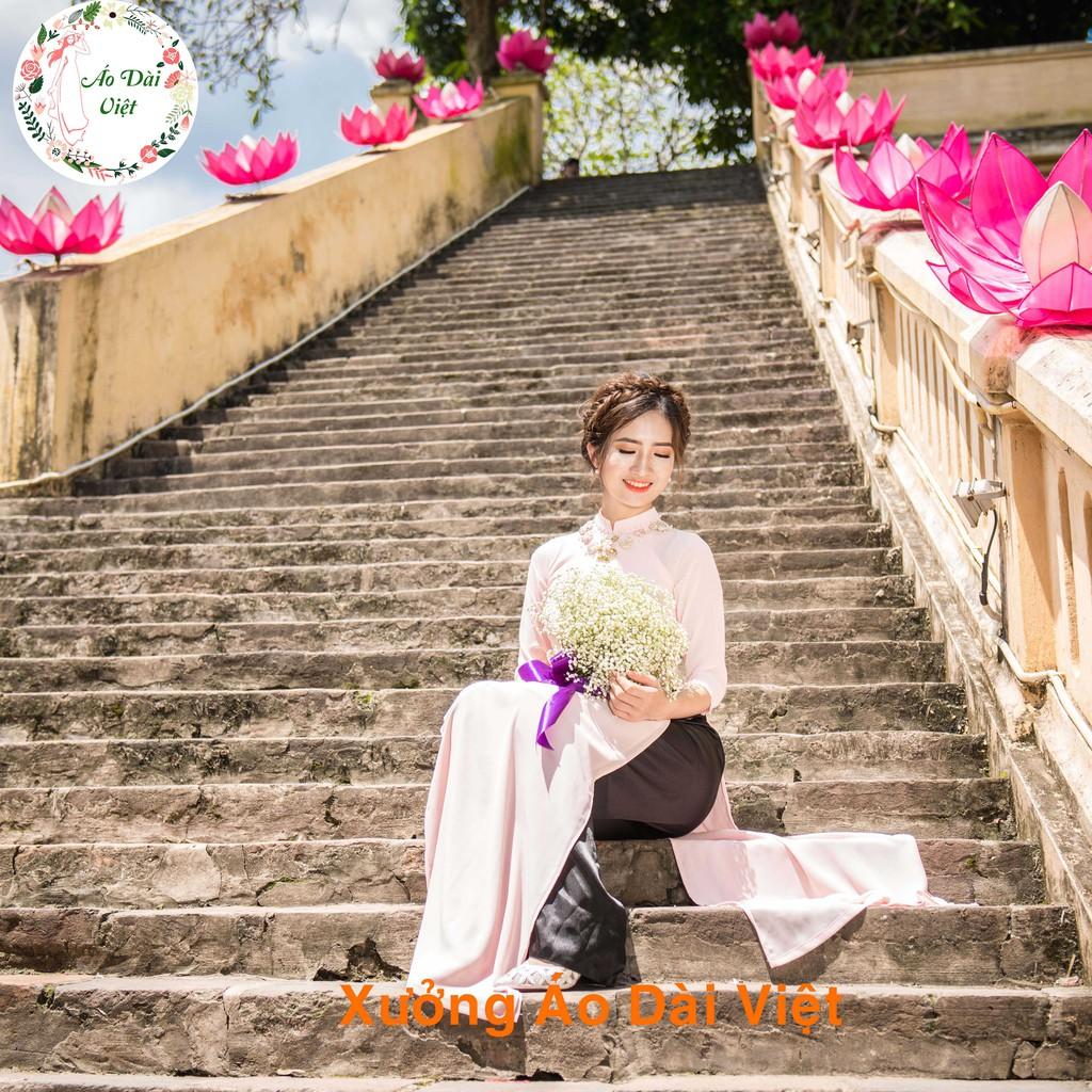 Áo Dài Hồng Đắp Hoa Ruy Băng - Áo Dài 4 Tà - Áo Dài Việt Hàng Lụa Chất Lượng