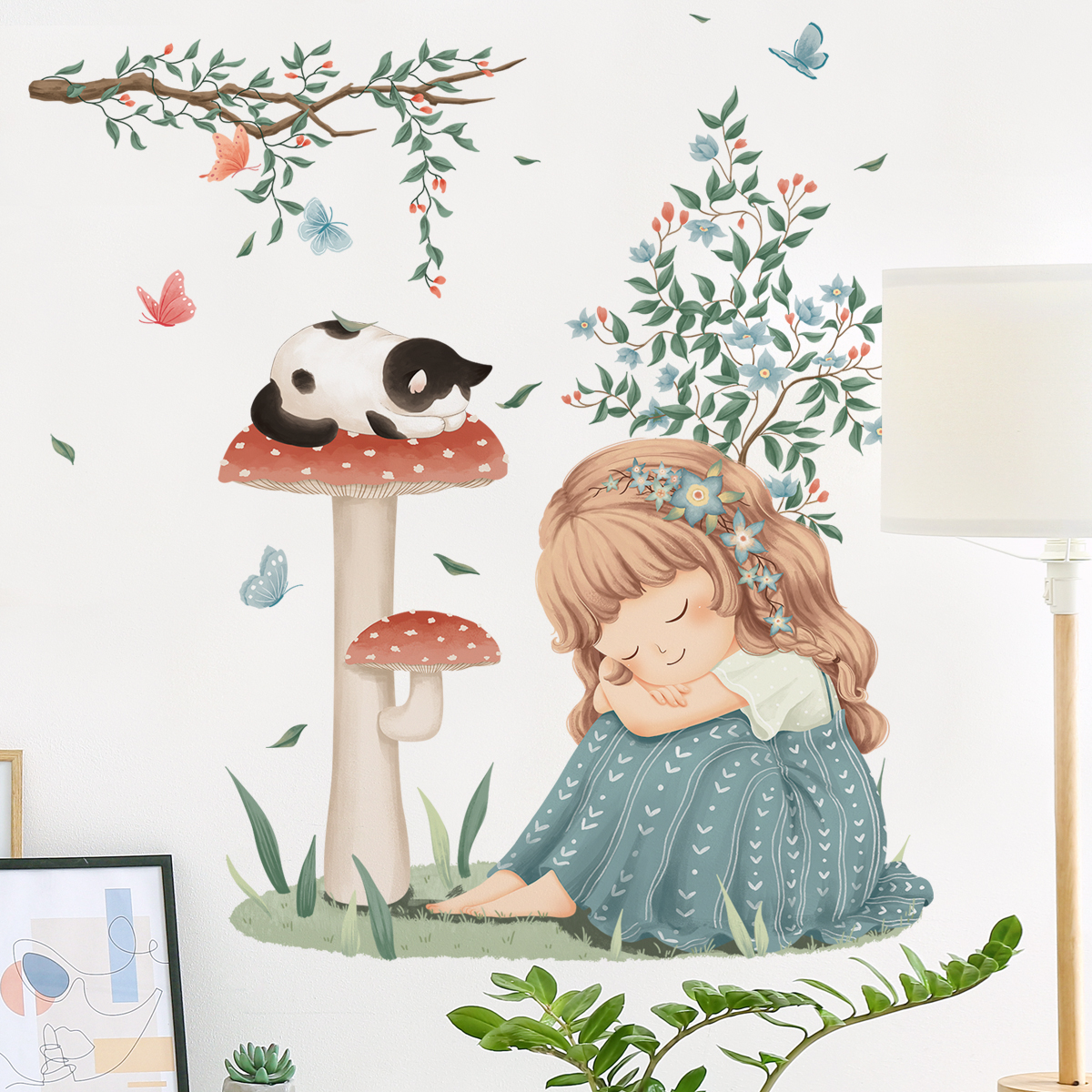 Sticker Giấy Dán Tường Decal Dán tường Tranh Dán Tường Trang Trí Tường Mẫu Cô Bé Bên Cây Nấm ZH-1010