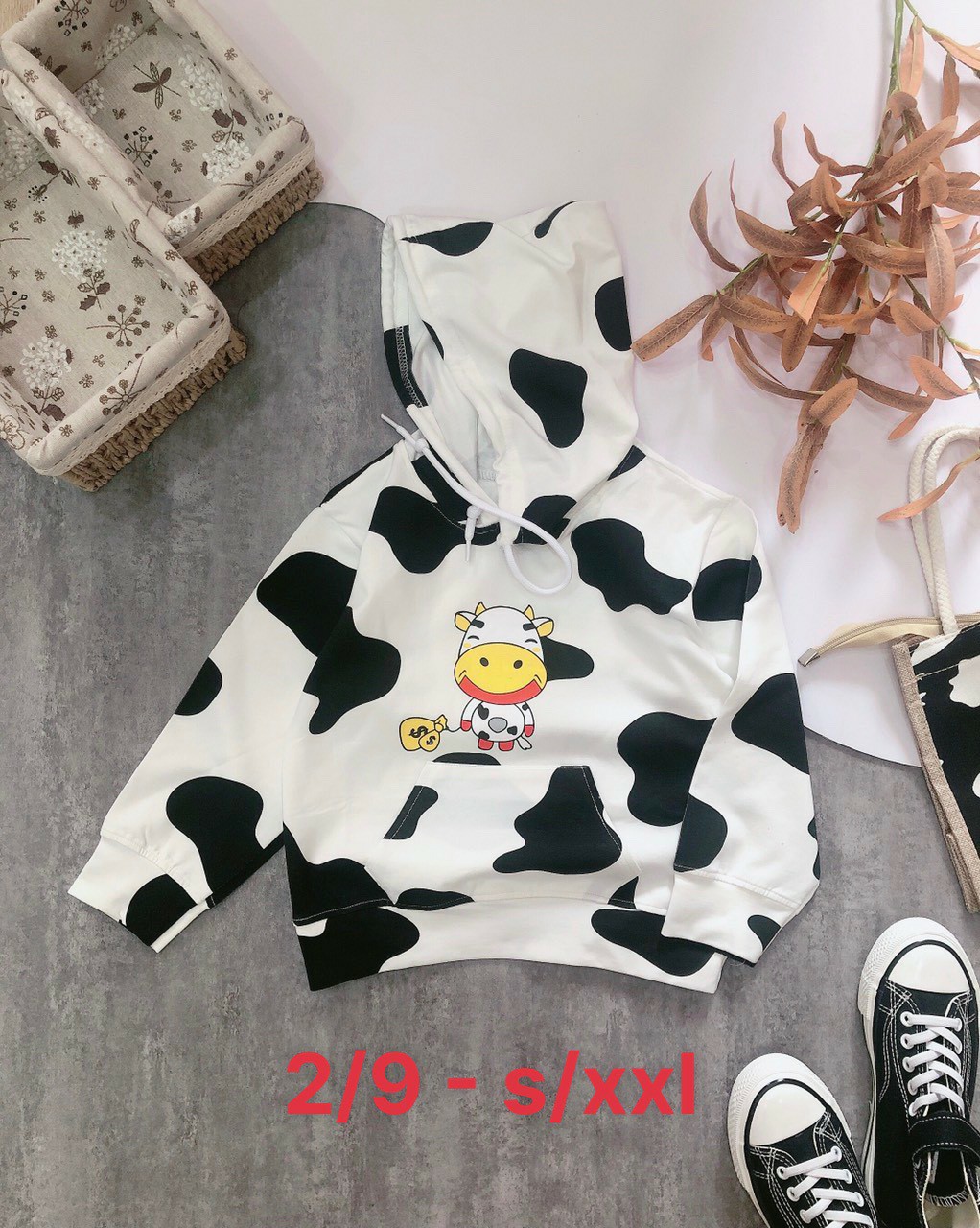 Áo thun hoodie dài tay cho bé trai và bé gái mẫu Bò sữa dễ thương size 12-55kg chất cotton 4 chiều mềm mịn mát