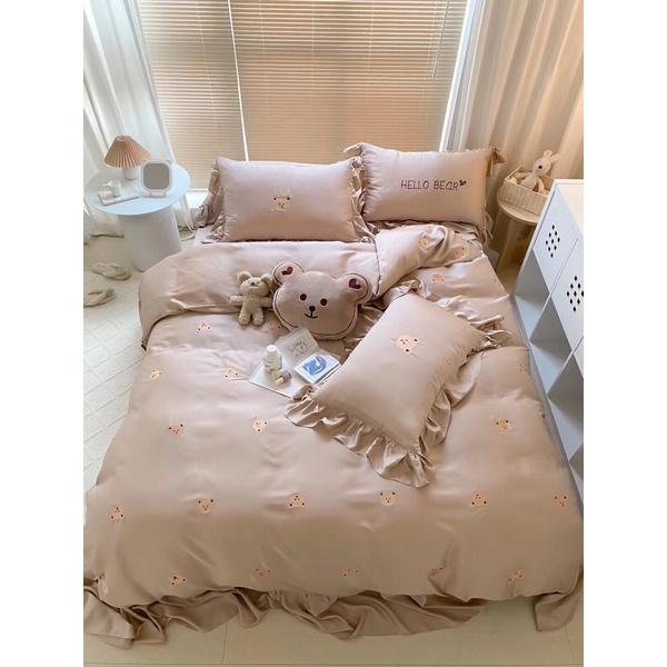Bộ chăn ga gối tencel 100s thêu hình gấu cao cấp 5 món