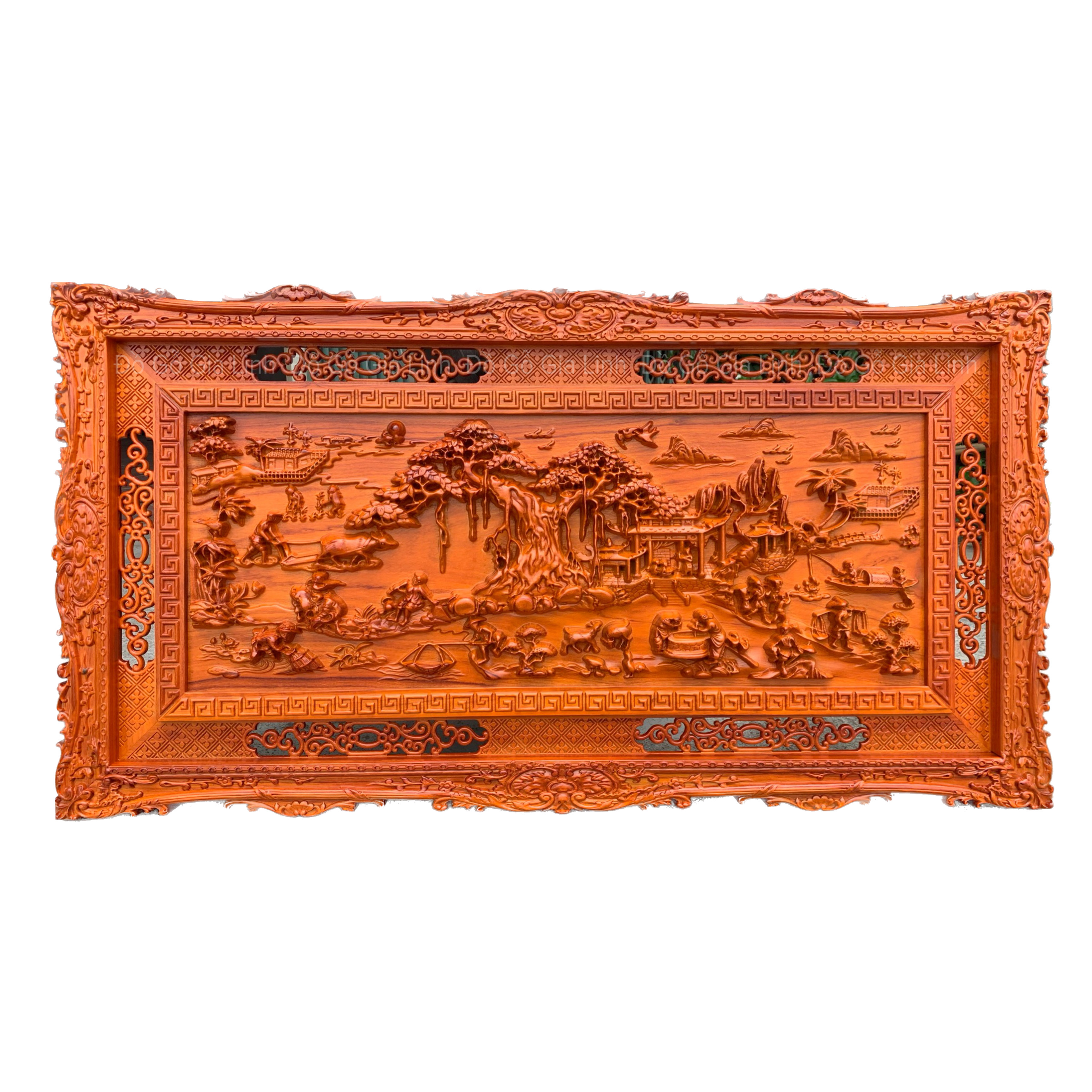 Tranh Đồng quê Đồ Gỗ Gia Linh chạm khung gỗ Hương đỏ KT 127cm x 67cm x 4cm