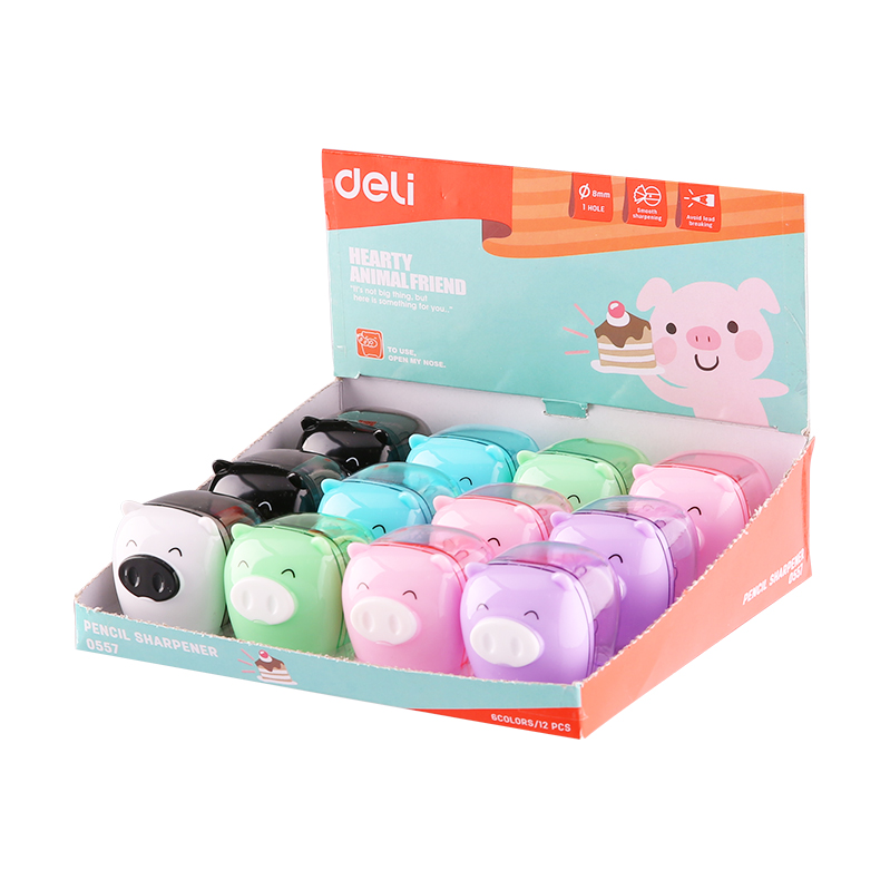 Combo 3 Máy gọt bút chì- mini Deli 557 Piggy 1-hole sharpener w/canister φ7mm Giao màu ngẫu nhiên