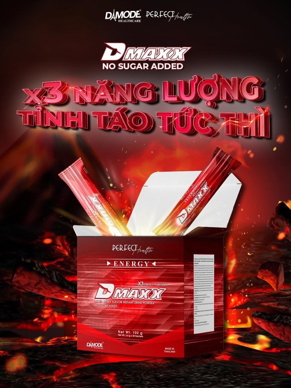 DMAXX thức uống bổ sung vitamin năng lượng không đường DAMODE 24 gói dùng thử màu đỏ