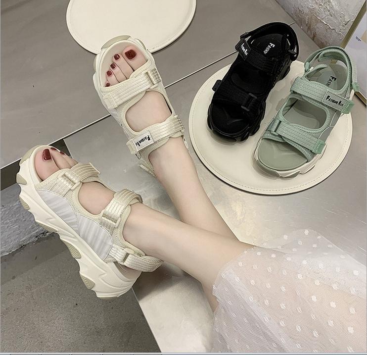 Giày sandal nữ quai dán vải dù 3 màu đế cao 5cm phong cách Ulzzang S118