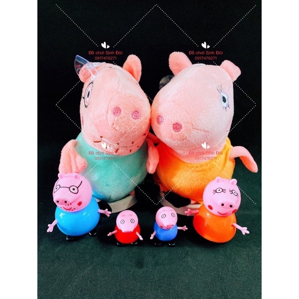 Bộ 6 con heo peppa - 2 thú bông cam xanh và 4 con mô hình nhựa