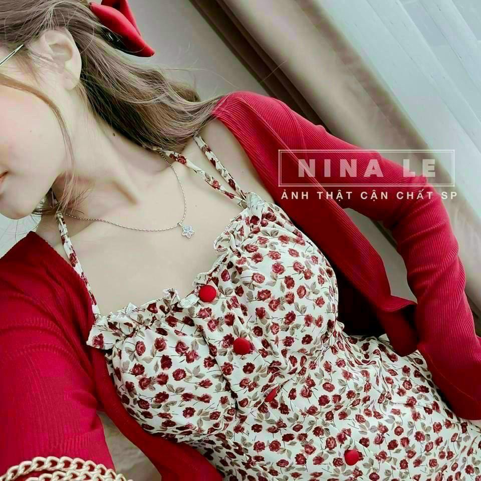 FRE SHIP Sét Đầm Váy Nữ Chất Vải Lụa 2 Dây Hoạ Tiết Hoa Lá Kèm Áo Khoác Ngoài Thun Gân Thiết Kế Sang Chảnh KIMGIA DS
