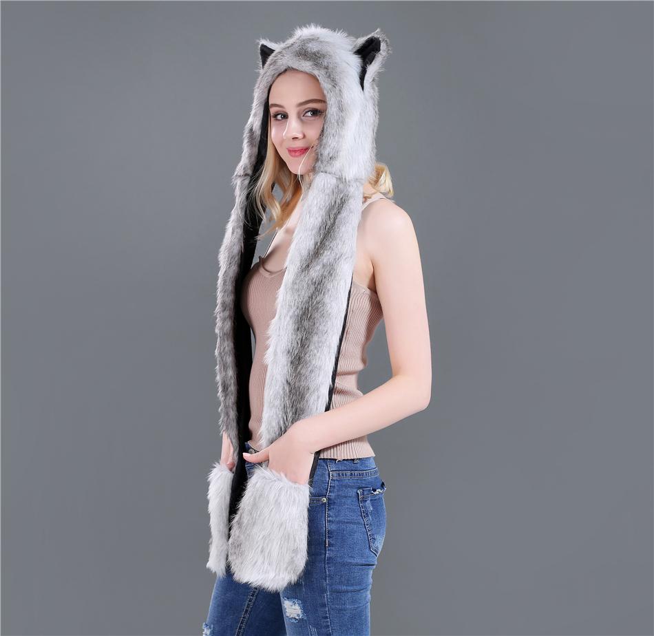 Hot Áo Lông Thú Giả Ấm Khăn Quàng Cổ Cho Mùa Đông Sói Hổ Husky Hood Khăn Mũ Găng Tay Bộ Nữ Cô Gái Động Vật Tinh Thần mũ Lưỡi Trai