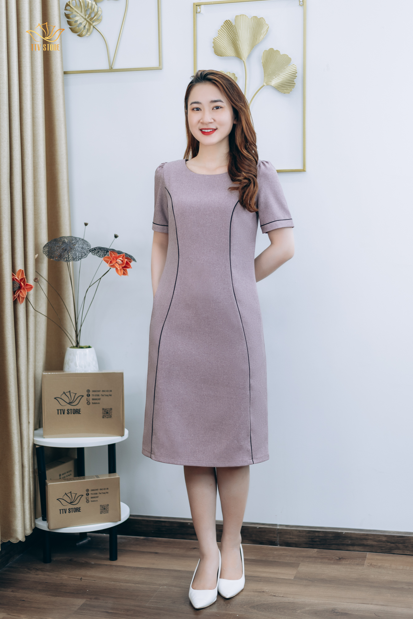 Đầm suông thiết kế trung niên cao cấp sang trọng Cổ tròn tay ngắn màu Hồng ruốc TTV STORE TTV1305