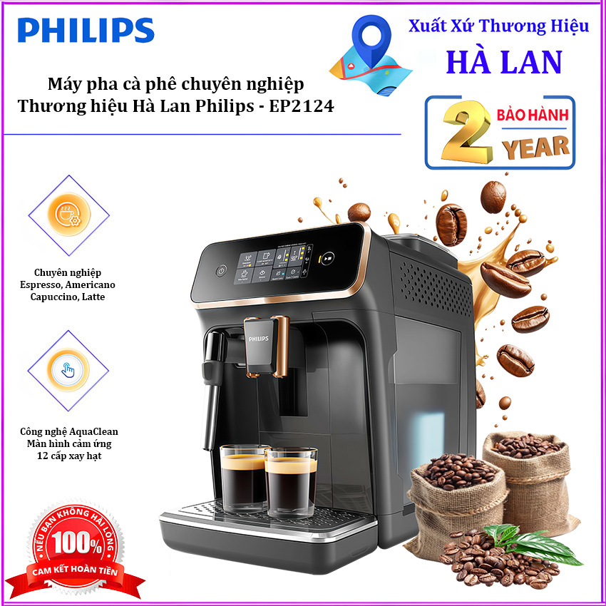 Máy pha cà phê Espresso, Americano tự động và Capuccino, Latte Serial 2200. Thương hiệu Hà Lan cao cấp Philips - EP2124/72. HÀNG CHÍNH HÃNG