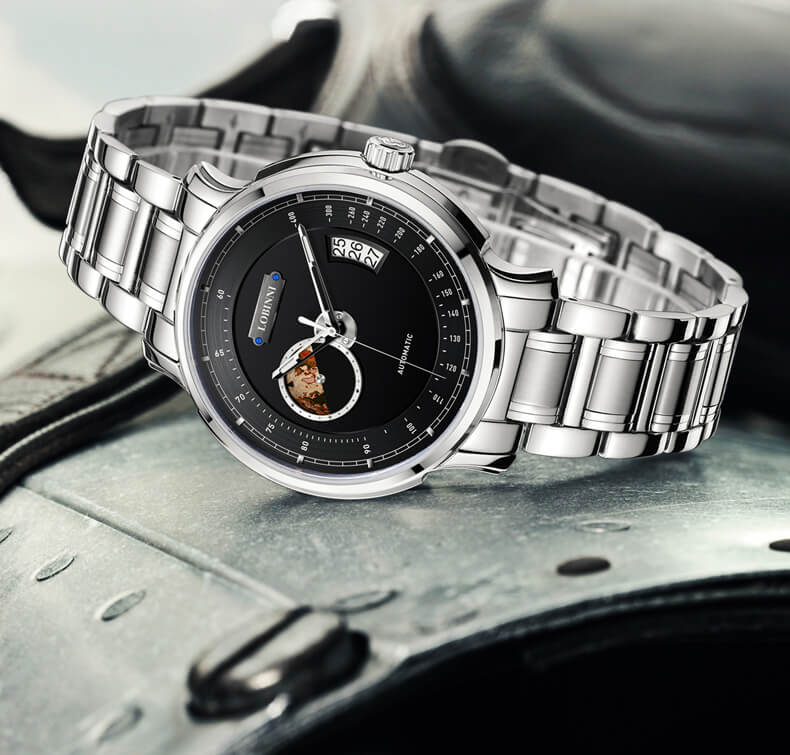 Đồng hồ nam chính hãng LOBINNI L17511-5 Fullbox, Kính sapphire ,chống xước,chống nước,mặt đen, vỏ trắng ,dây kim loại thép không gỉ 316L, Mới 100%,Bảo hành 24 tháng,thiết kế đơn giản và sang trọng