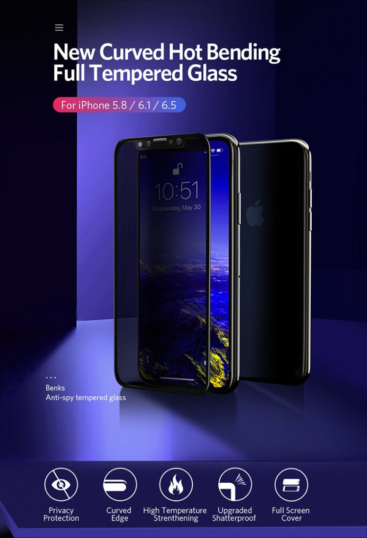 Benks Protector Privacy Glass For iPhone XS 5.8XR 6.1XS Max 6.5 Anti Glare Screen Protection iPhone X Film Tempered Glass      (1)