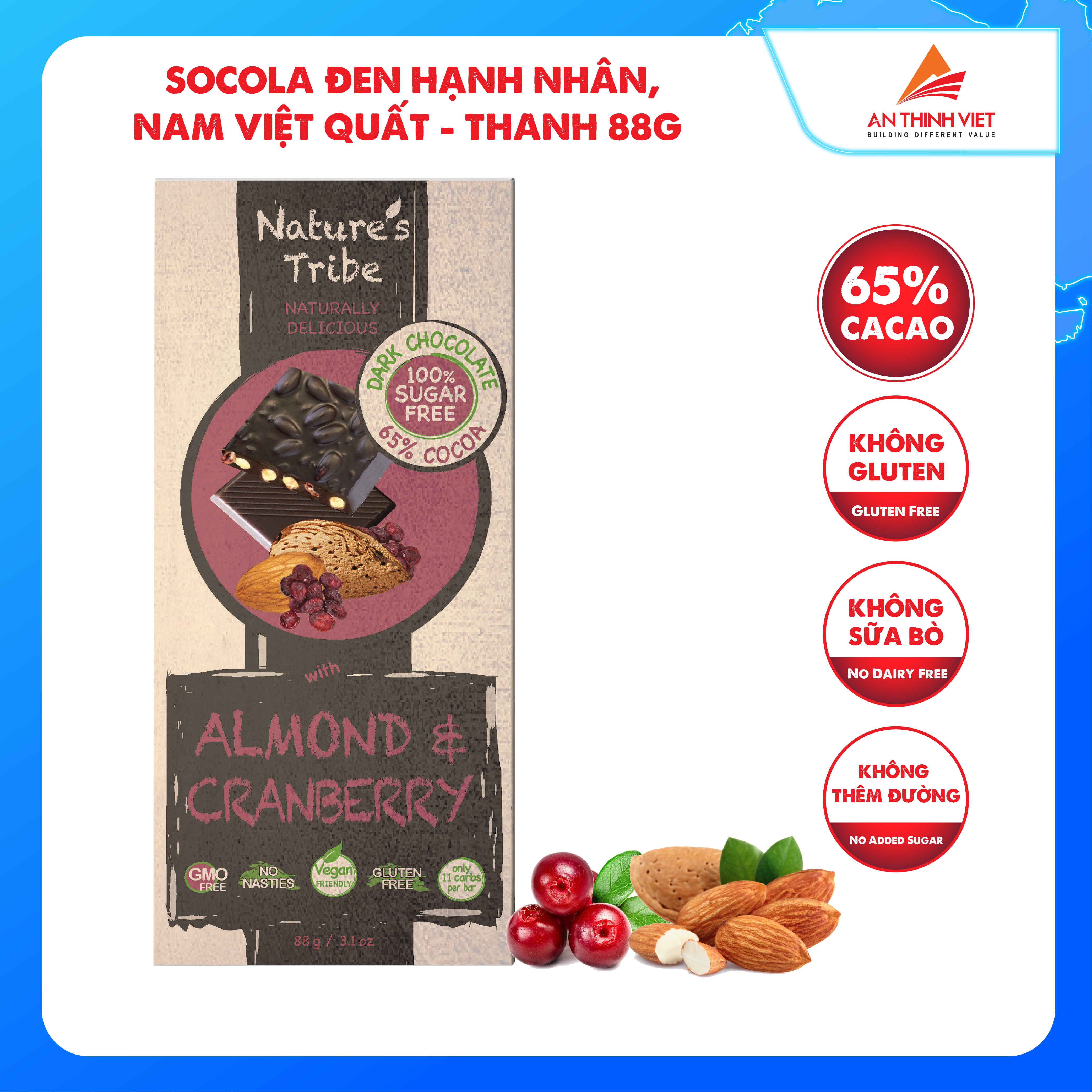 Socola Đen Hạnh Nhân &amp; Nam Việt Quất Không Đường Nhập Khẩu Úc, Gluten Free, Nature's Tribe Sugar Free Vegan Dark Choc