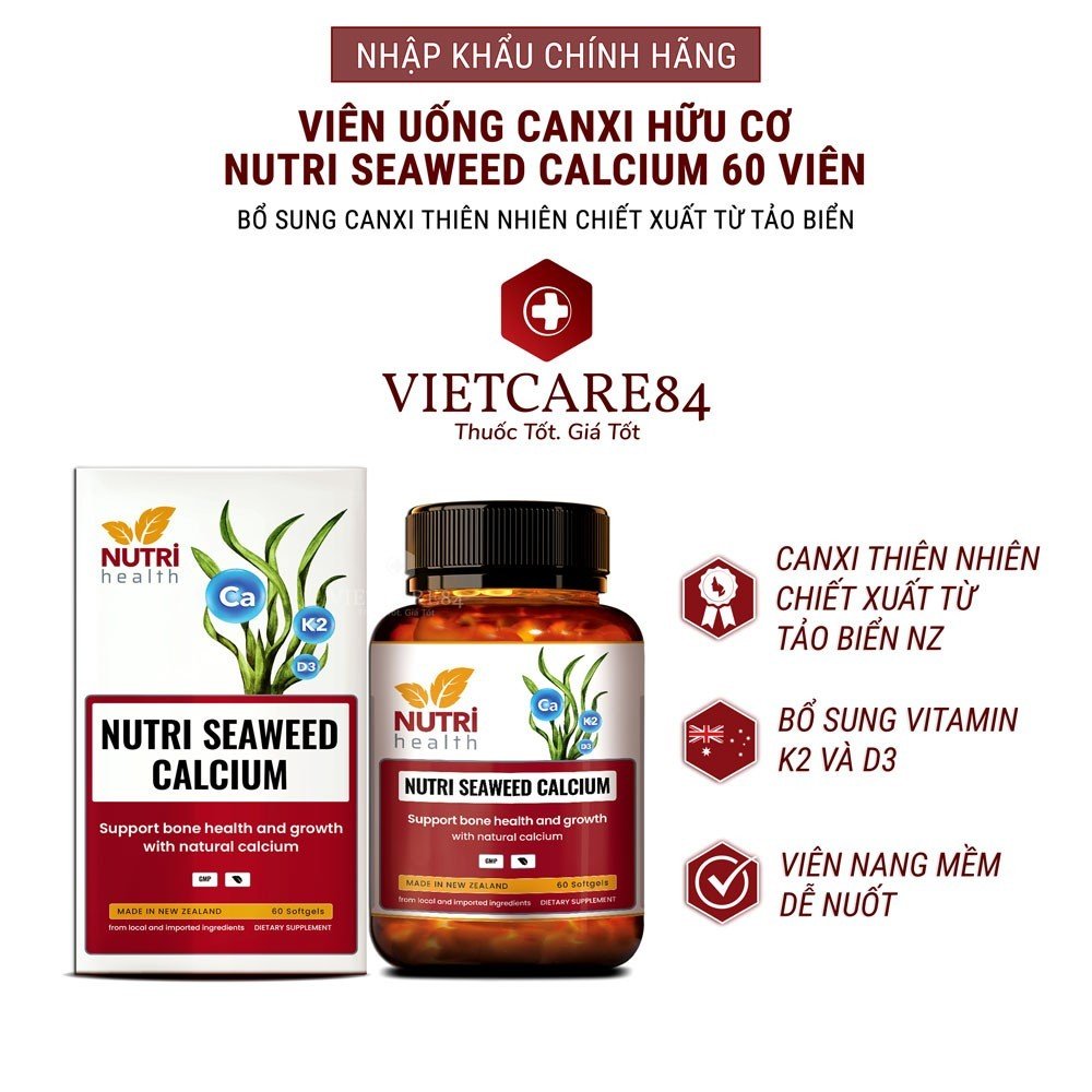 Viên uống Canxi hữu cơ nhập khẩu chính hãng Nutri Seaweed Calcium (60 viên) giúp bổ sung Canxi thiên nhiên, hỗ trợ tăng chiều cao tối ưu, chỗng loãng xương