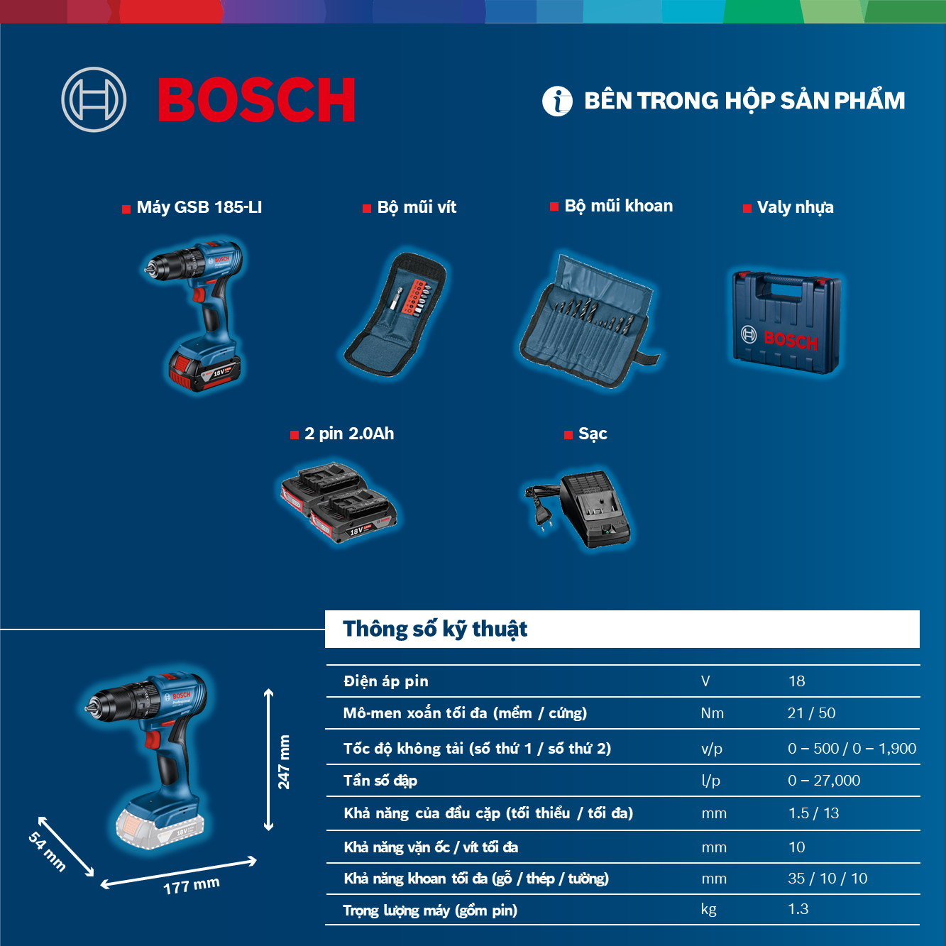 Máy khoan động lực dùng pin Bosch GSB 185-LI và Phụ kiện