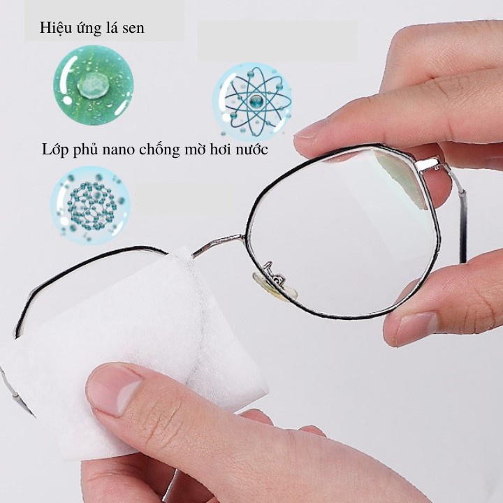 Khăn lau kính Lens anti fogging wipes /chống bám hơi nước, mờ sương, sạch bụi bẩn và dấu vân tay, Công nghệ Nano Nhật Bản - Hộp 100 Miếng,khăn giấy Lau Mắt Kính Giày Xe