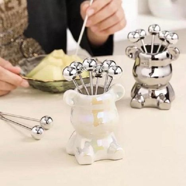 [KoSuyTu] Set 6 Dĩa INOX Ăn Hoa Quả Kèm Ống Cắm Dĩa Hình Gấu - Gọn Gàng Tiện Dụng Và Cute