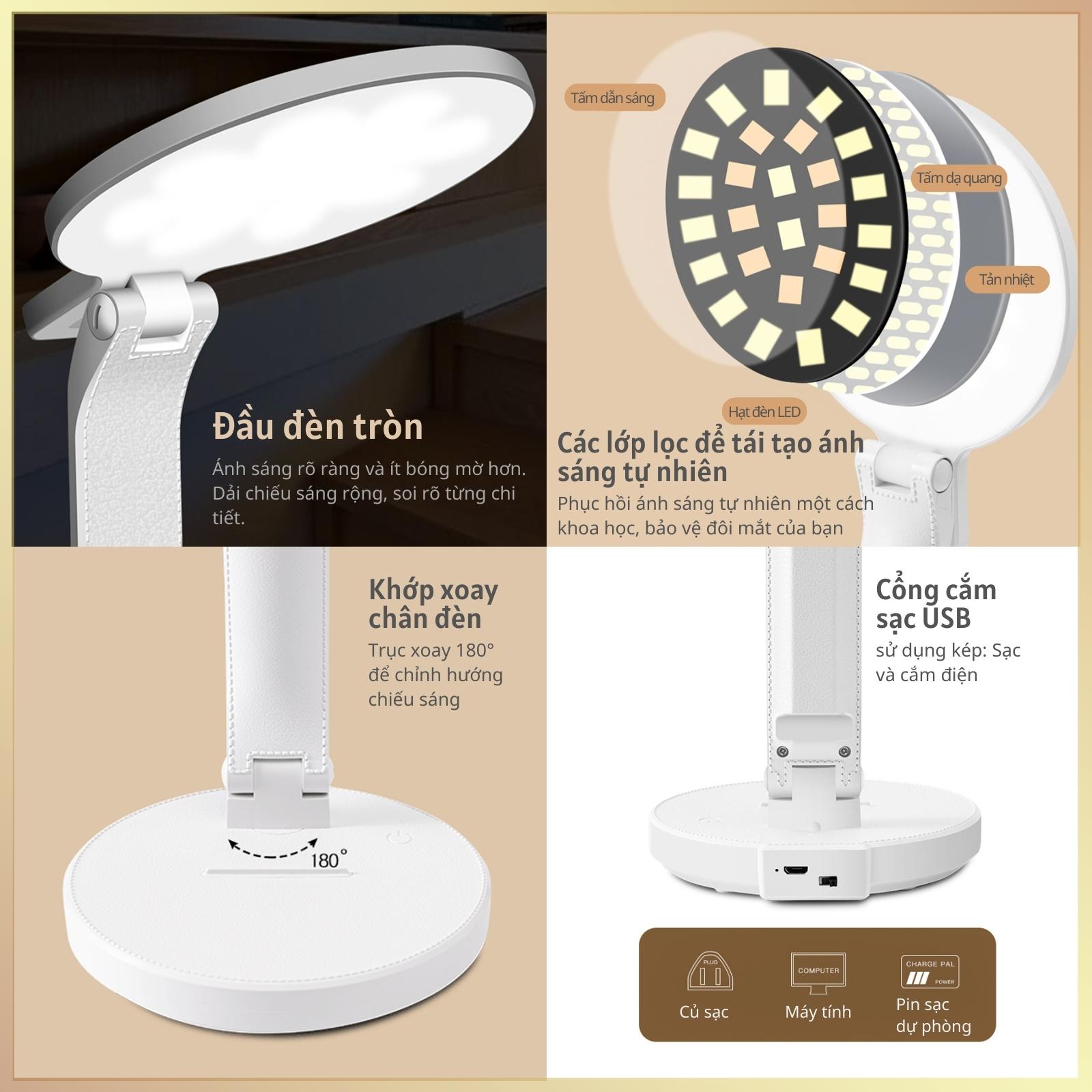 Đèn học để bàn Pin sạc 3 nhiệt độ màu Làm mờ vô cấp Mặt tròn Q9-2