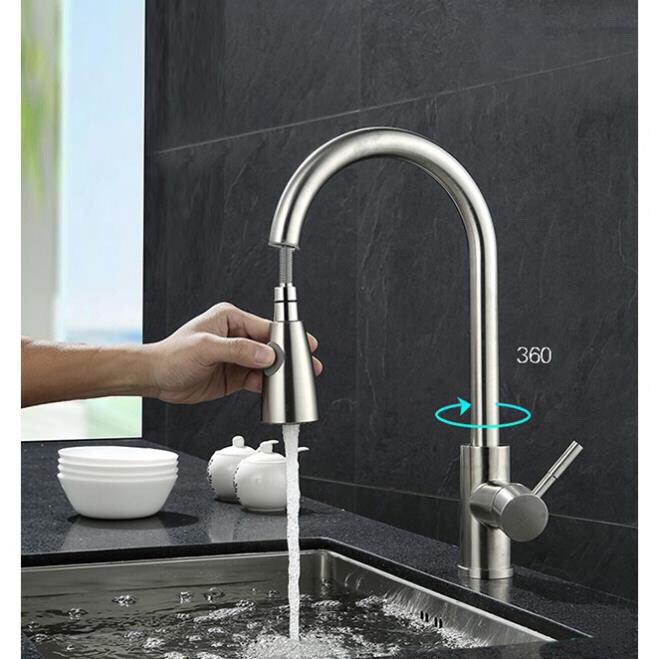 Vòi rửa chén bát nóng lạnh Inox 304 - Vòi rút đa năng xoay 360 độ, tăng áp cao cấp - Tặng kèm 2 dây cấp