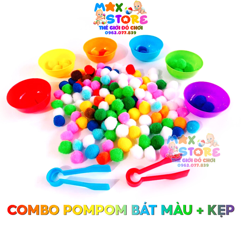 Đồ Chơi Mầm Non SET 6 BÁT + 2 KẸP PHÂN LOẠI MÀU SẮC TẬP GẮP HẠT NHỰA HẠT POMPOM