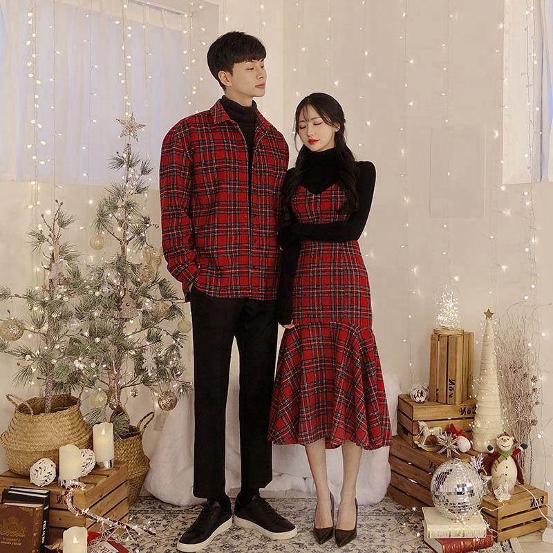 Đồ đôi nam nữ Áo cặp váy sơ mi thời trang couple hàn quốc sọc kẻ caro màu đỏ 2 dây đẹp AV32