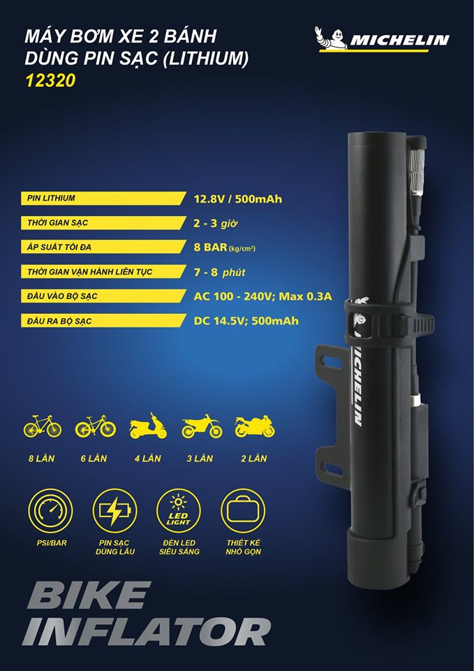 Bơm lốp xe mini dùng pin sạc Michelin (500mAh)