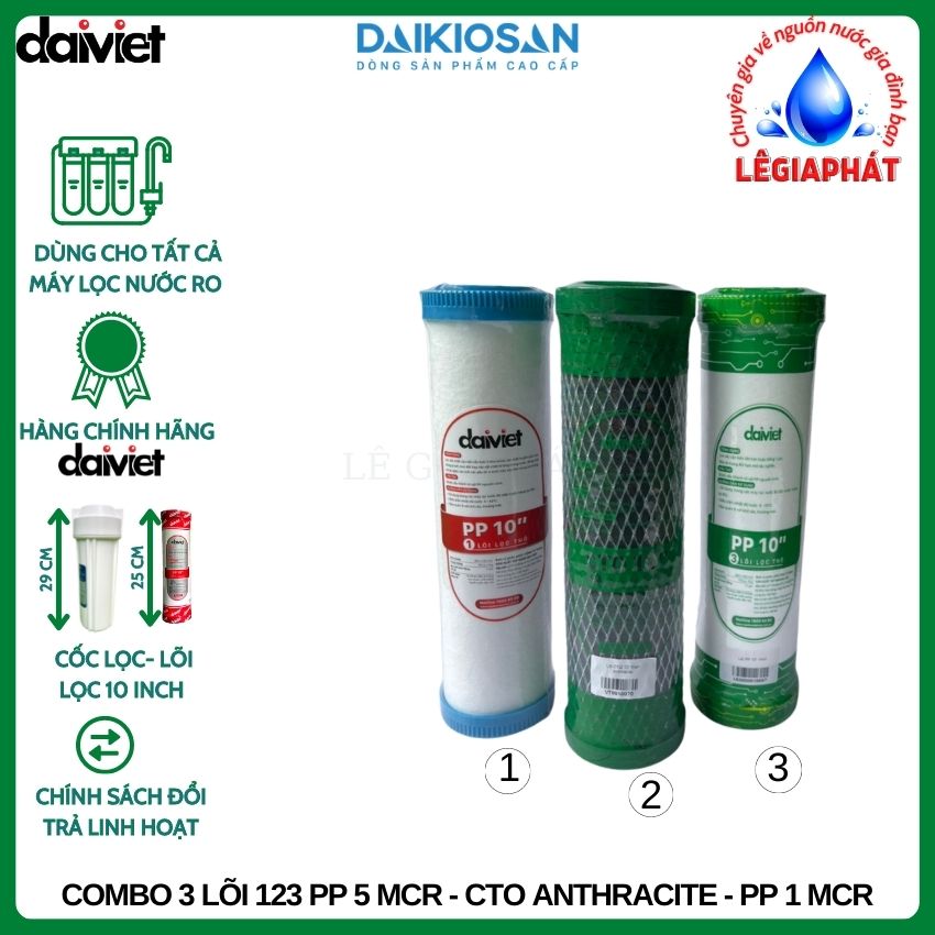 COMBO 3 LÕI LỌC NƯỚC SỐ 1-2-3 (PP - CTO - PP) - HÀNG CHÍNH HÃNG ĐẠI VIỆT