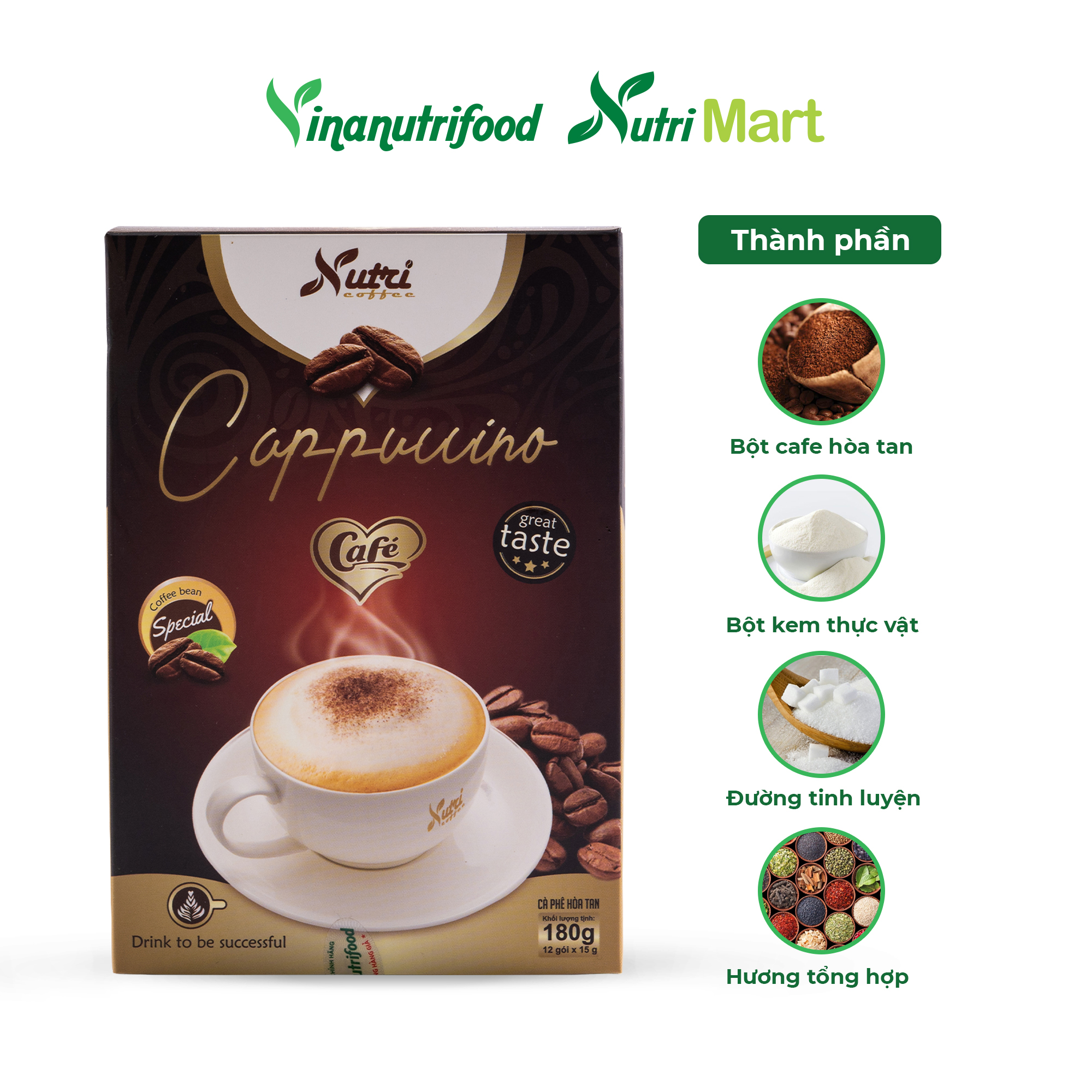 Cà phê capuchino Vinanutrifood C01, cafe thơm ngon hấp dẫn cùng vị béo ngậy tạo sự cuốn hút, giúp khơi dậy tinh thần, sự sảng khoái tỉnh táo để làm việc, học tập hiệu quả, đảm bảo an toàn thực phẩm tiêu chuẩn GMP - WHO (15g x 12 gói)