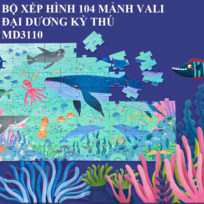 Bộ xếp hình 104 mảnh mẫu Vali mới nhất Khám Phá Đại Dương chính hãng Mideer WONDERFUL OCEAN Puzzle