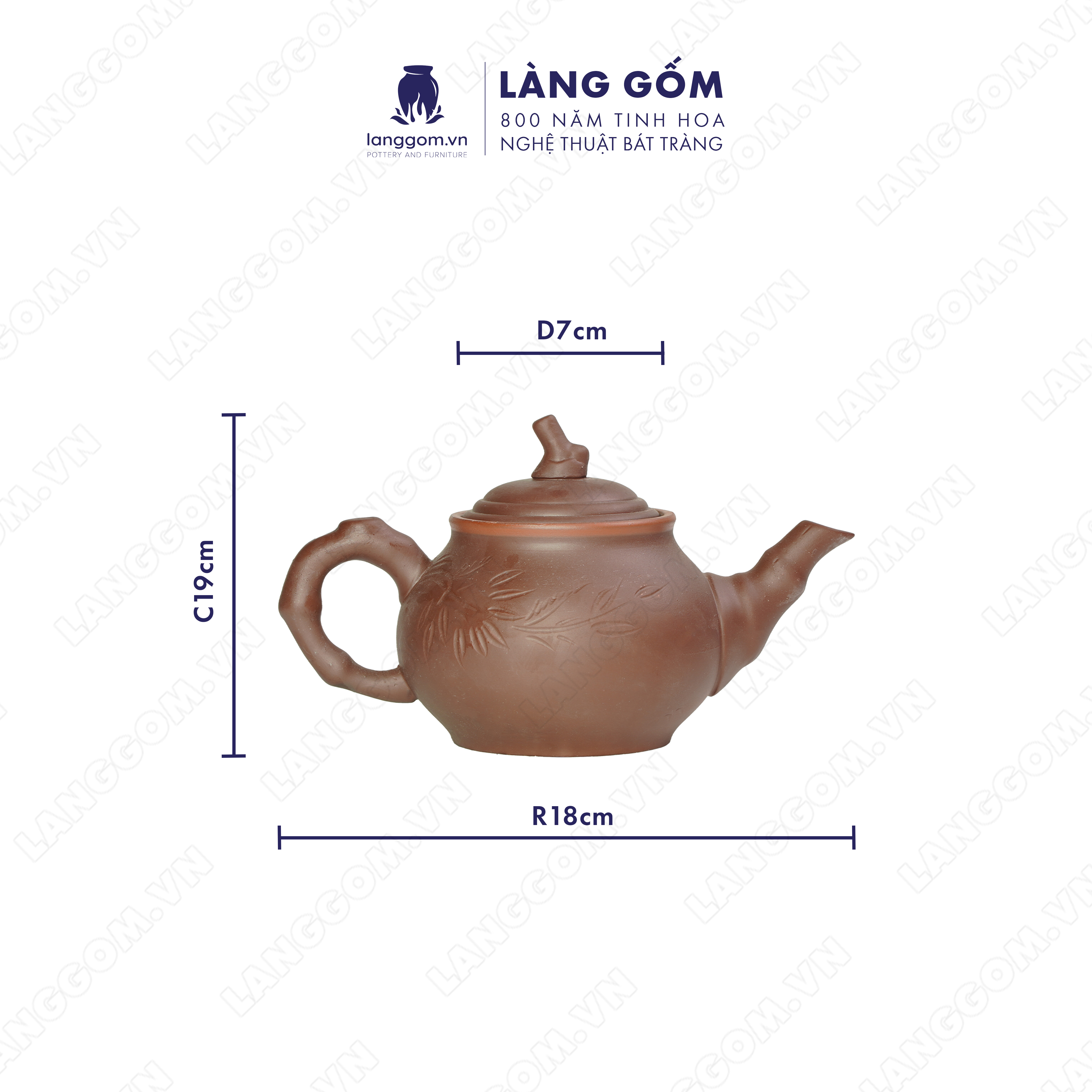Bộ ấm chén đất nung khắc trúc to - Men mộc - Gốm sứ Bát Tràng - langgom.vn