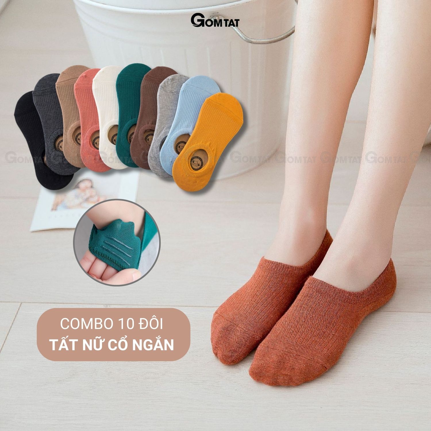 Set 10 đôi tất vớ nữ cổ ngắn GOMTAT cao cấp có đệm cao su chống tuột gót, chất liệu cotton thoáng mát - NUCN-CC-03
