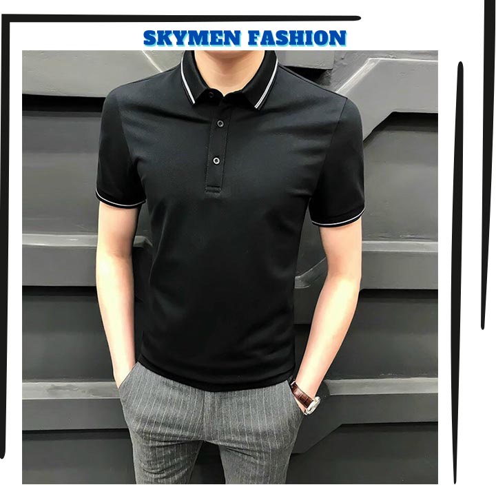 Áo thun polo nam có cổ tay ngắn màu đen vải thun cotton cao cấp phong cách hàn quốc skymen 1005