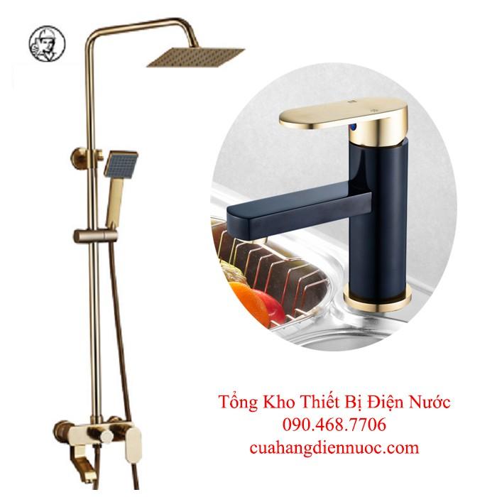 Combo bộ sen cây vàng ánh kim kèm vòi chậu lavabo đính đá cao cấp