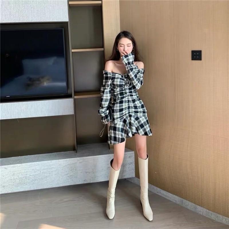 Đầm trễ vai caro đuôi cá dây rút ngực summer 2020