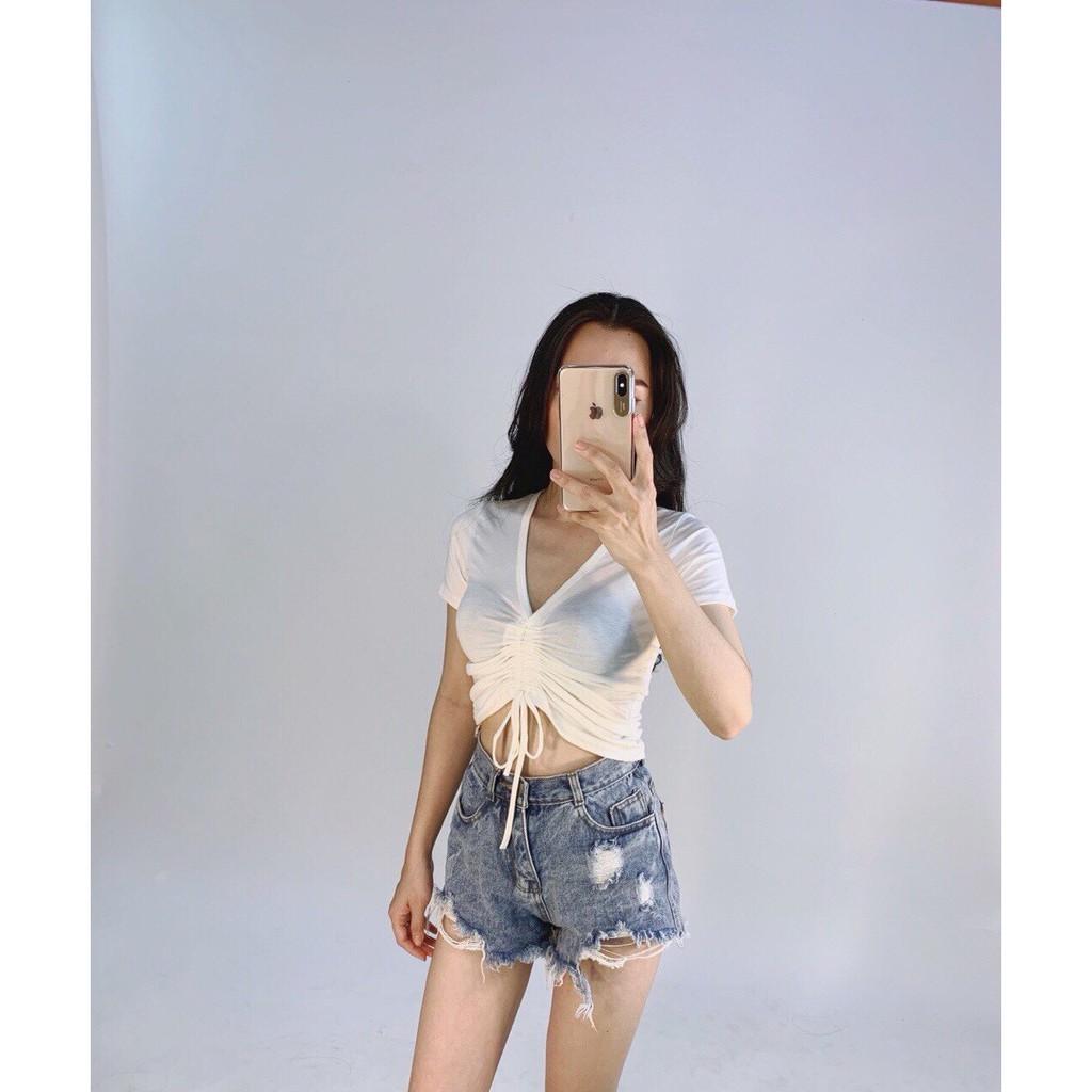 ÁO THUN CROPTOP ÔM BODY RÚT DÂY TRƠN BASIC 43