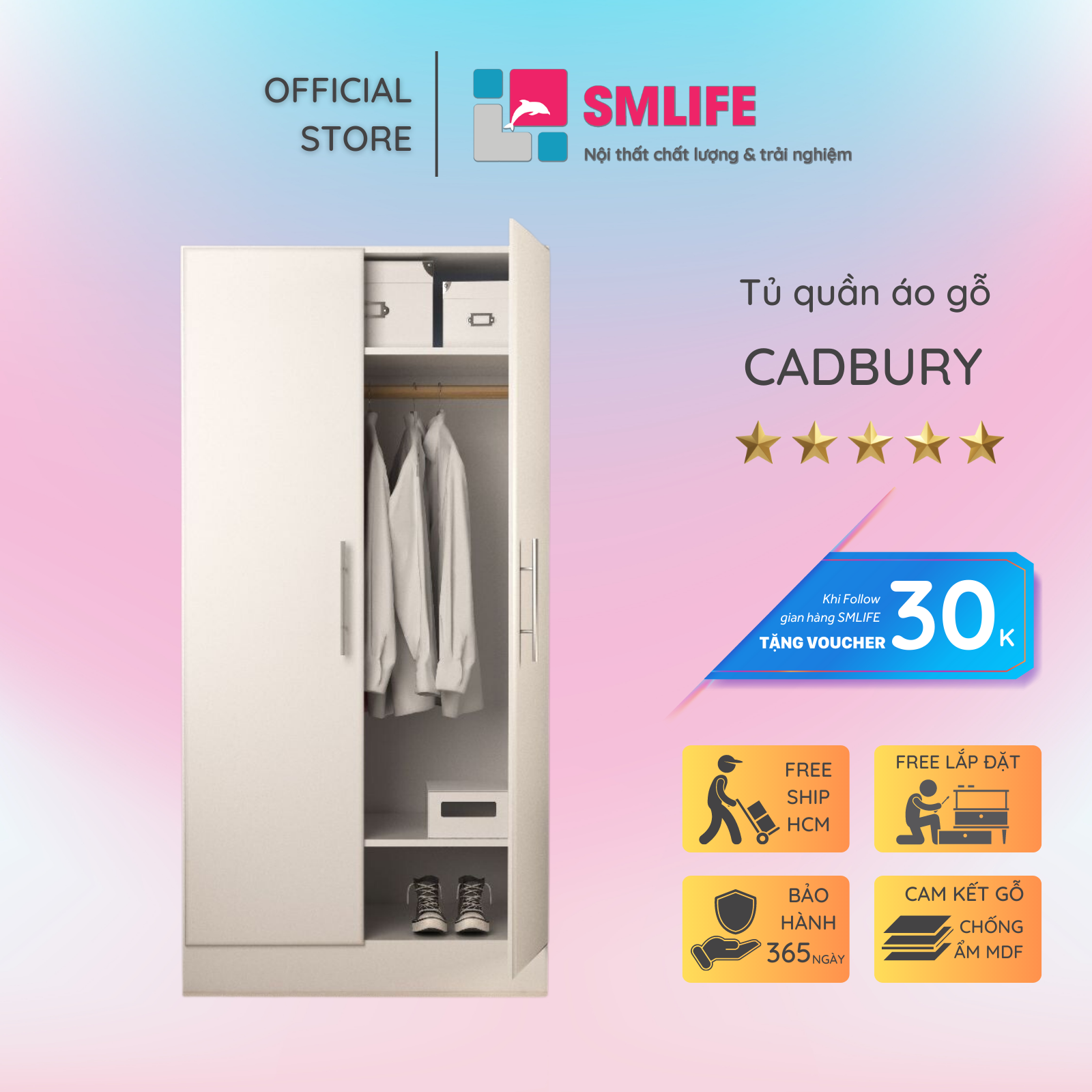 Tủ quần áo gỗ hiện đại SMLIFE Cadbury  | Gỗ MDF dày 17mm chống ẩm | D80xR50xC165cm