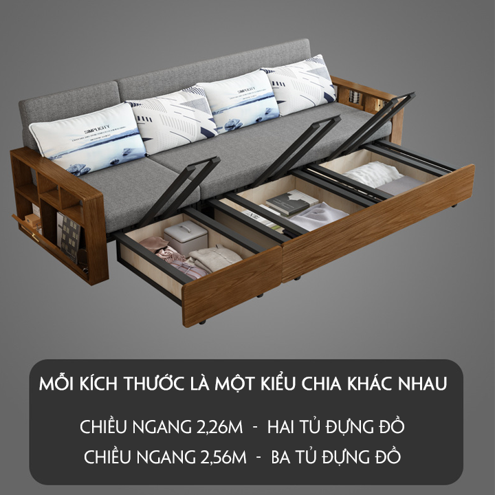 Giường Sofa Thông Minh, Tay Gỗ Sang Trọng , Khung Thép Thiết Kế Hiện Đại KT 1,3m x 1,95m