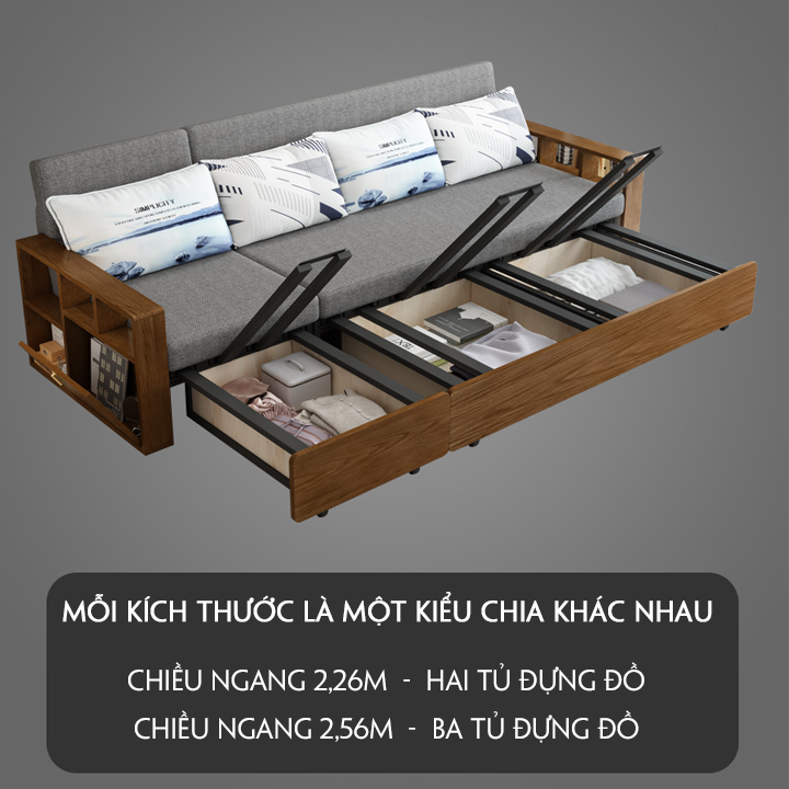 Gường sofa tay gỗ sồi nguyên khối thông minh gấp gọn,khung thép chăc chắn tích hợp ngăn chứa đồ rộng rãi ,Kích thước: 1m46 x 1m90