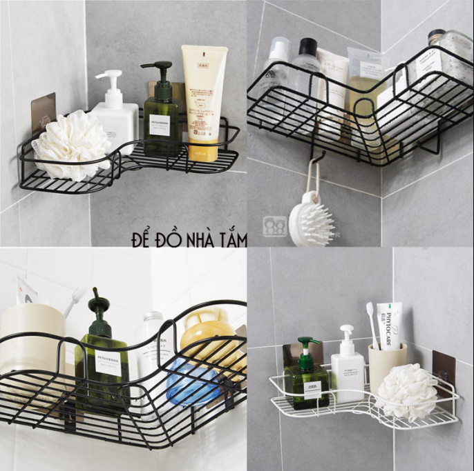 Giá góc, kệ góc treo tường bằng miếng dính  cho nhà bếp, phòng tắm thêm gọn gàng, để được nhiều đồ hơn