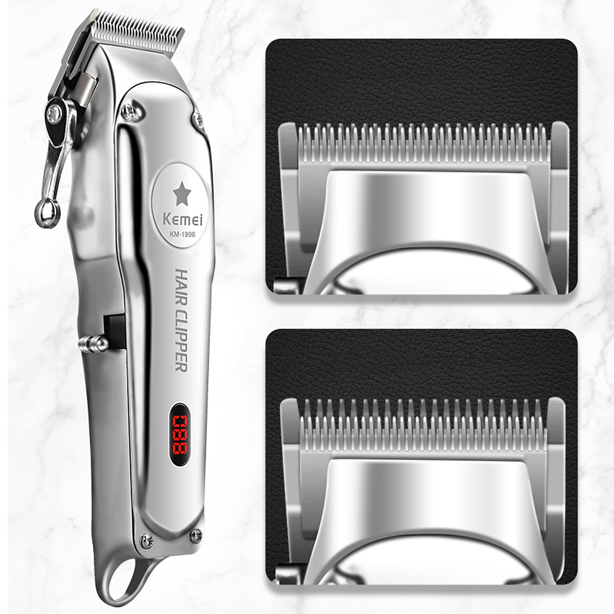 Tông đơ cắt tóc chuyên nghiệp Kemei KM-1996 có màn hình LCD hiển thị dung lượng pin có thể fade tóc cạo trắng điêu khắc tóc TẶNG kèm 1 lược chia tóc cá sấu