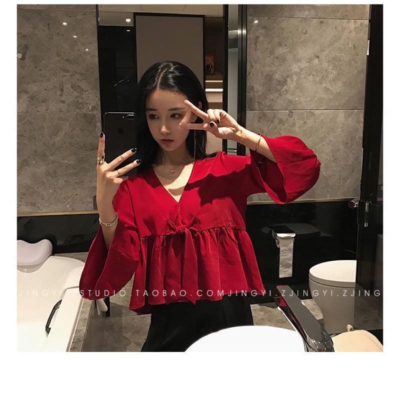 Áo babydoll croptop thắt nơ ngực màu đỏ đô