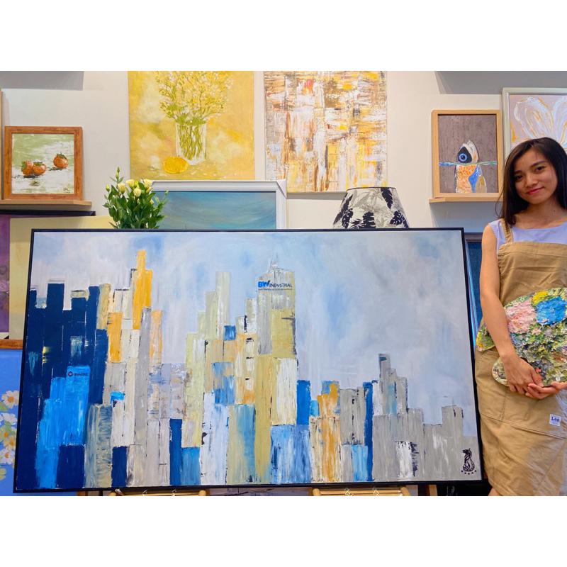 Tranh vẽ tay thành phố đẹp-Tranh Nhà Liên-Tranh canvas sơn dầu hiện đại kt lớn