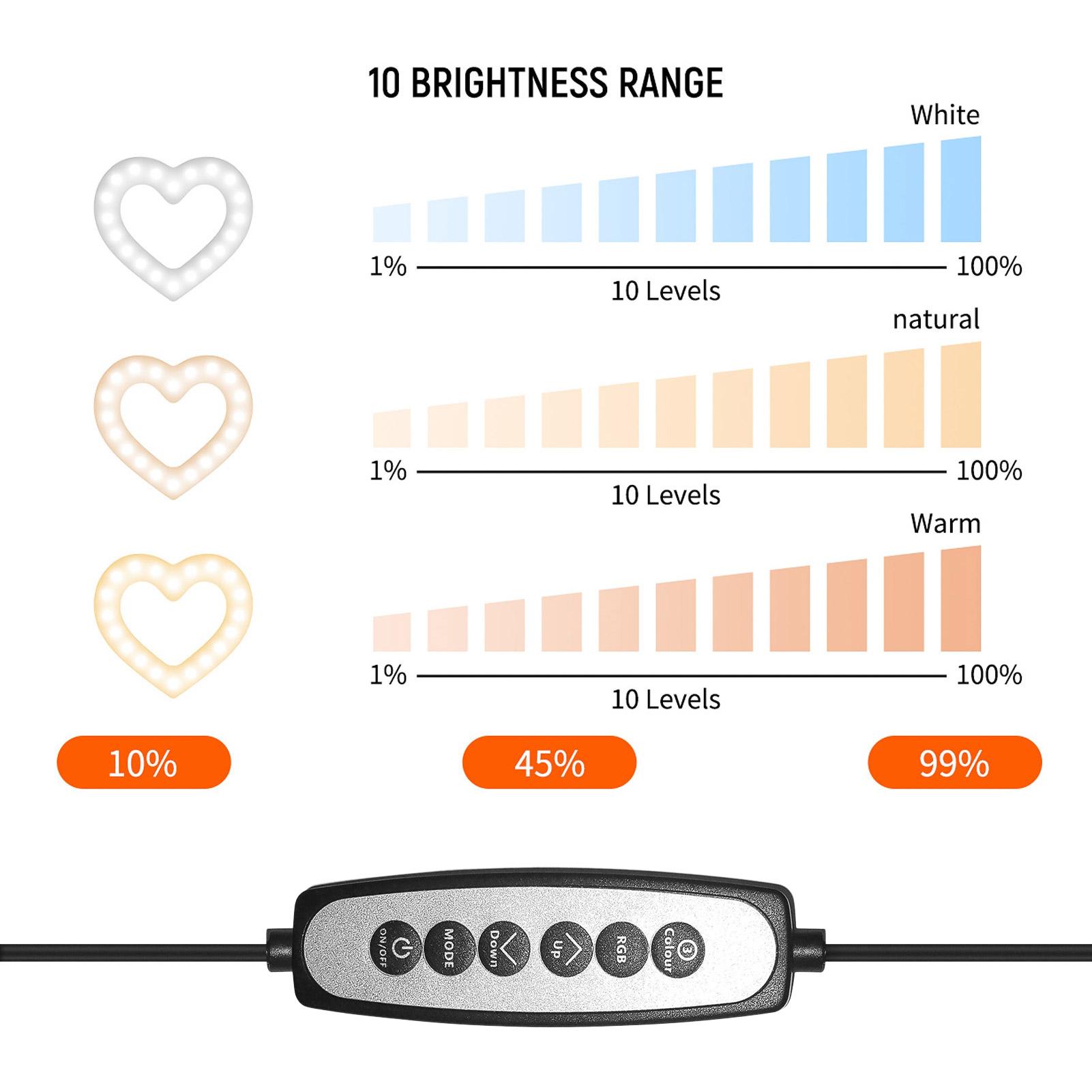 10 Inch RGB Video Light Heart-Shaped LED Fill Light Dimmable USB Powered with Phone Holder Desktop Stretch Light Stand