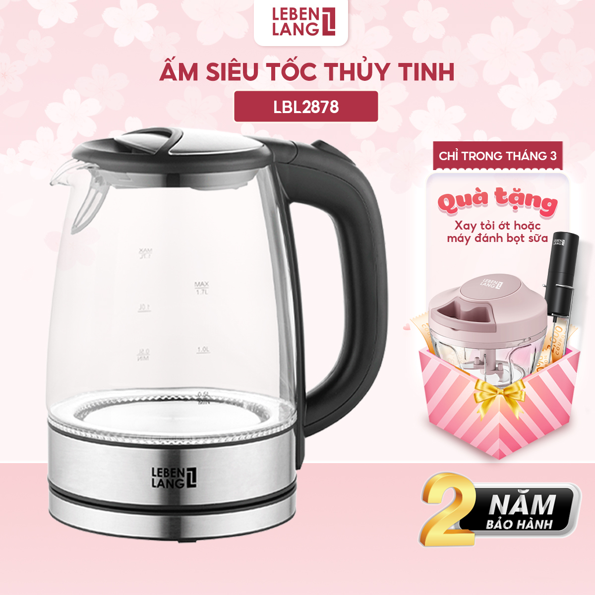 Ấm siêu tốc LEBENLANG LBL2879 bằng thủy tinh chịu nhiệt, dung tích 1700ml, công suất 2200W, bảo hành 2 năm - hàng chính hãng