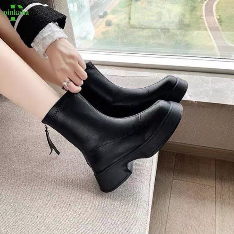Bốt Nữ Đế Bánh Mì Boots Da Mềm Lót Nỉ Khóa Sau Cao Cấp Boot Mũi Tròn Thời Trang Đế Độn PINKAHA-GB20